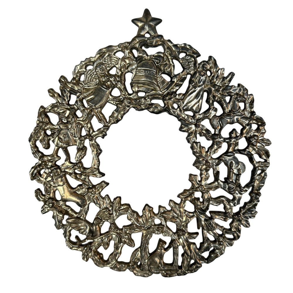 Vintage Silver Metal Christmas Wreath Wall Hanging Ornate Angel Bell Star Trivet